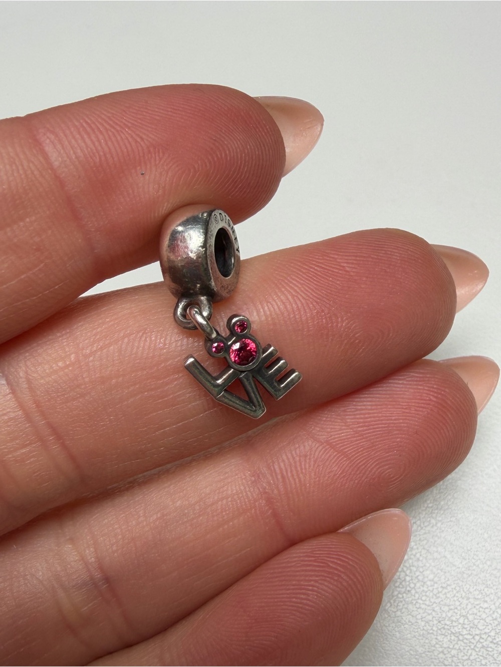 Pandora Disney Silver LOVE Dangle Charm with Pink Crystal Accent